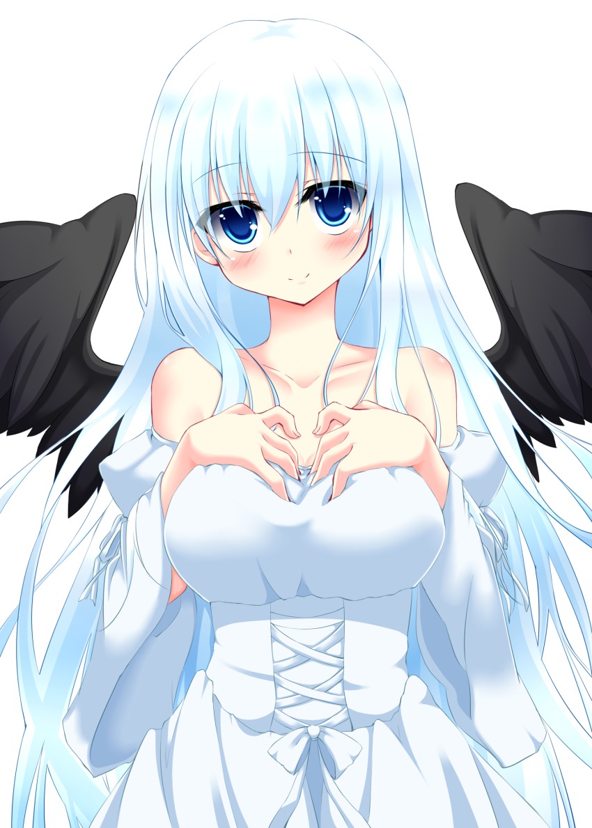 1girl, angel_wings, bare_shoulders, black_wings, blue_eyes, blush, breasts, colorized