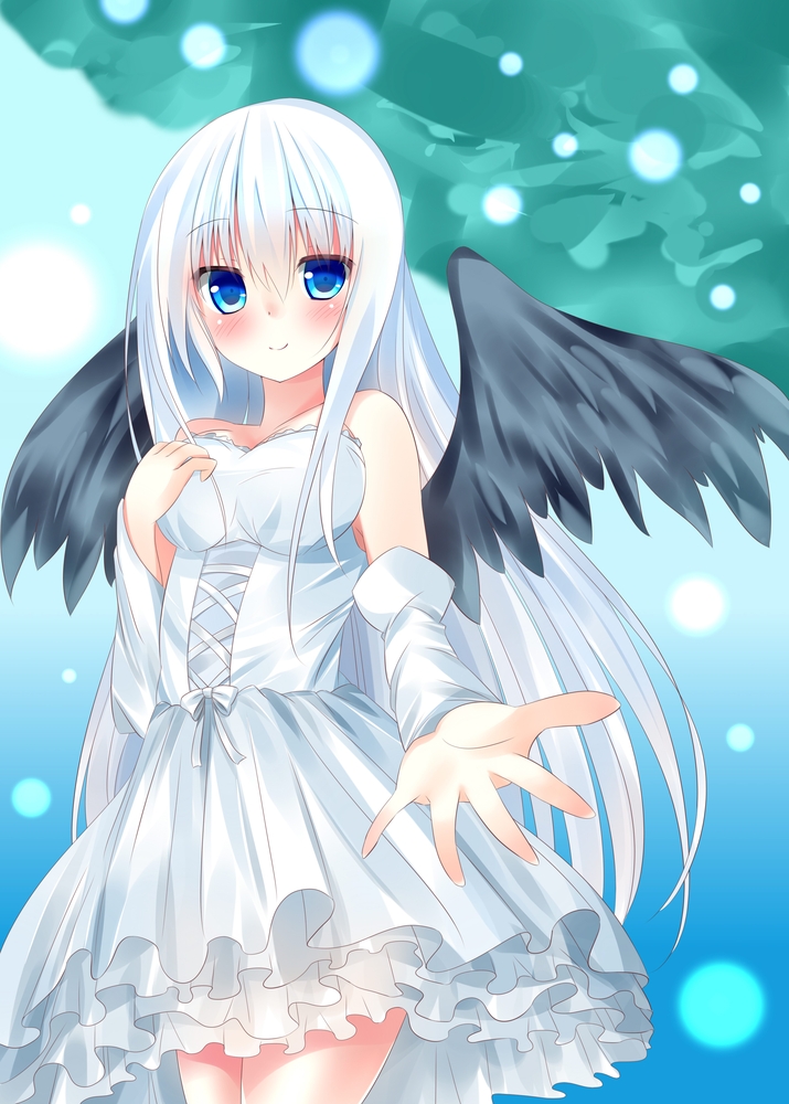 1girl, angel_wings, bare_shoulders, black_wings, blue_eyes, blush, borrowed_character, breasts