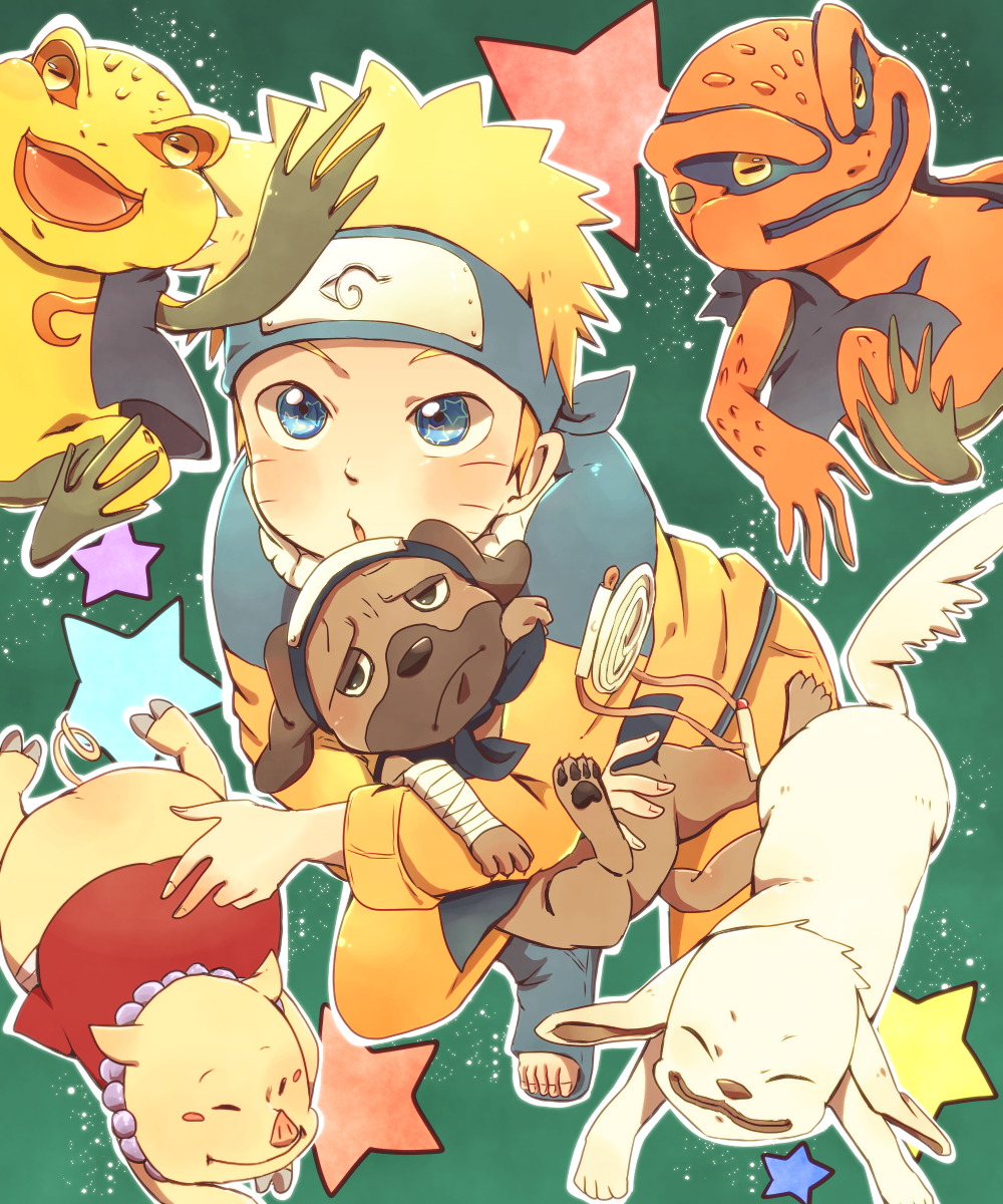 1boy, :d, aged_down, akamaru_(naruto), amphibian_eyes, blonde_hair, blue_eyes, dog, facial_mark, forehead_protector, frog, frown, gamakichi, gamatatsu, green_background, headband, highres, jacket, jewelry, looking_at_viewer, naruto_(classic), naruto_(series), necklace, o96ap, open_mouth, pakkun_(naruto), pig, simple_background, smile, star_(symbol), tagme, toad_(animal), tonton_(naruto), uzumaki_naruto, waving