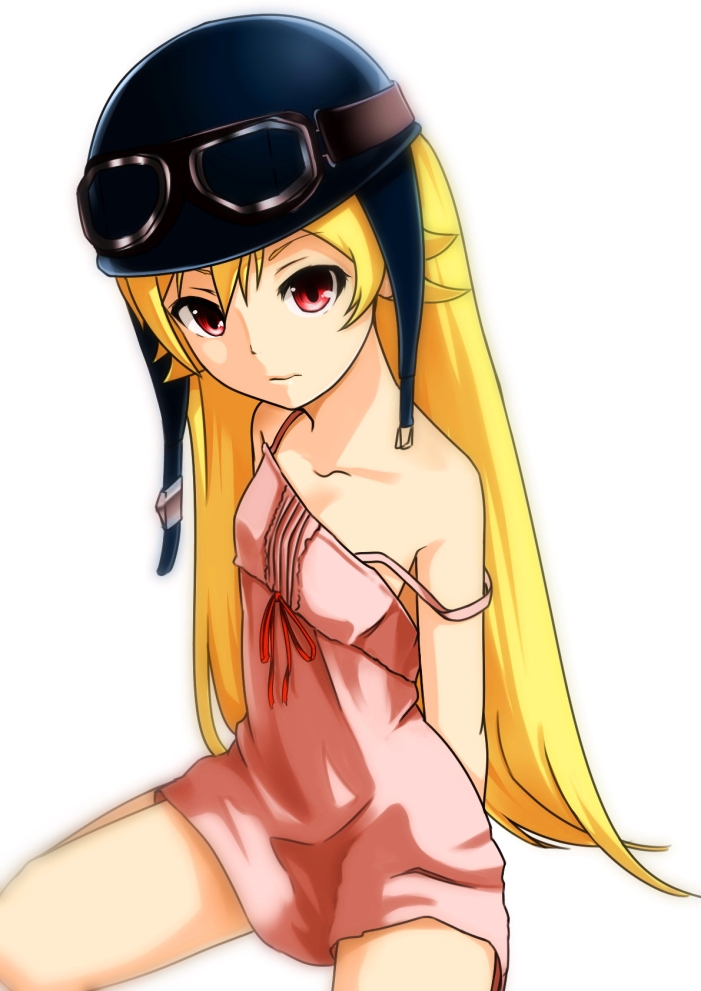 1girl, bakemonogatari, blonde_hair, female_focus, goggles, helmet, long_hair, monogatari_(series)