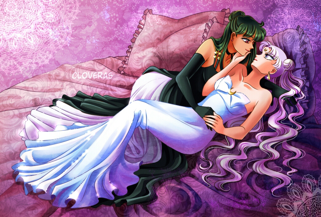 1990s_(style), 2girls, artist_name, bad_id, bad_pixiv_id, bare_shoulders, bed, bishoujo_senshi_sailor_moon, bishoujo_senshi_sailor_moon_(first_season), black_dress, black_gloves, black_vs_white, choker, cloveras, crescent, crescent_facial_mark, double_bun, dress, earrings, elbow_gloves, facial_mark, female_focus, forehead_mark, frilled_pillow, frills, gloves, green_dress, green_hair, hair_bun, hand_on_another's_cheek, hand_on_another's_face, jewelry, long_dress, long_hair, lying, meiou_setsuna, multiple_girls, pillow, pink_eyes, pink_hair, princess_pluto, queen_serenity, red_eyes, retro_artstyle, strapless, strapless_dress, very_long_hair, white_dress, yuri