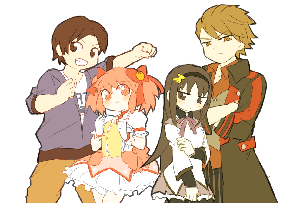 10s, 2boys, 2girls, akemi_homura, akemi_homura_(magical_girl), bad_id, bad_pixiv_id, banana