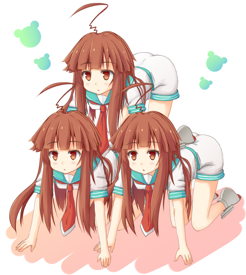 10s, 3girls, ahoge, blunt_bangs, blush, brown_eyes, brown_hair, clone