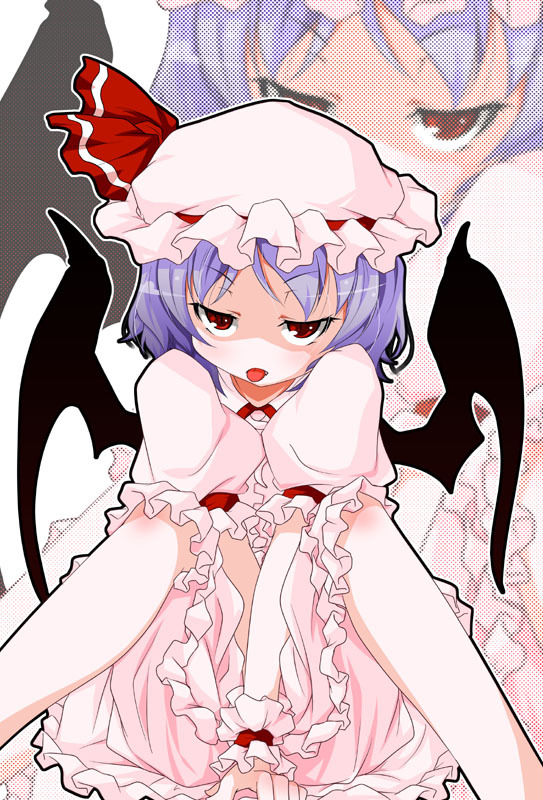 1girl, ;p, bad_id, bad_pixiv_id, bat_wings, bow, female_focus, frills
