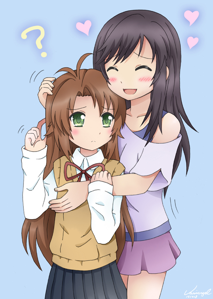 2girls, :d, ?, antenna_hair, artist_name, black_hair, blue_background, blush, brown_hair, closed_eyes, collarbone, dated, dress_shirt, frown, green_eyes, hand_on_another's_chest, hand_on_another's_head, heart, hug, hug_from_behind, ichijou_hotaru, interrogation, koshigaya_komari, long_hair, long_sleeves, motion_lines, multiple_girls, neck_ribbon, non_non_biyori, off_shoulder, open_mouth, pleated_skirt, ribbon, school_uniform, shirt, signature, skirt, sleeves_past_wrists, smile, sweater_vest, variangel, yuri