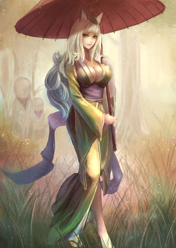 1girl, bad_id, bad_pixiv_id, breasts, cleavage, curly_hair, female_focus, grass