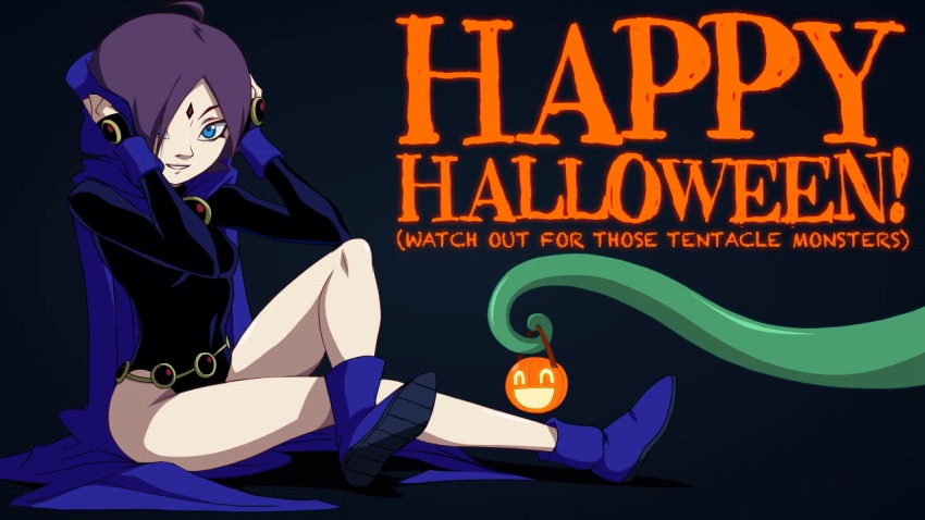 1girl, ahoge, belt, blue_eyes, boots, cloak, cosplay, dc_comics, forehead_jewel, gem, halloween, hood, jack-o'-lantern, lemmy_(zone), leotard, light_smile, looking_at_viewer, original, purple_hair, raven_(dc), raven_(dc)_(cosplay), teen_titans, tentacles, translated, zone-tan, zone_(artist)