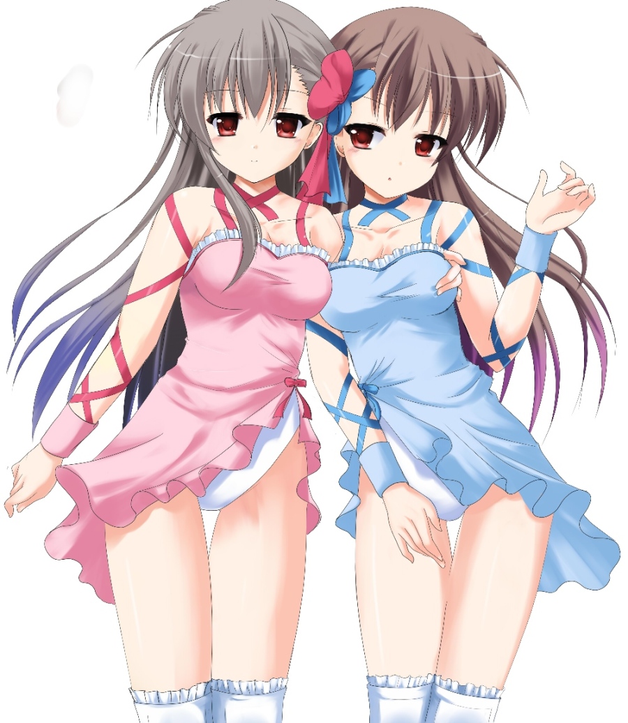 2girls, ali_(wwwwwwrt), alternate_color, breasts, brown_eyes, brown_hair, choker, cleavage, dual_persona, grey_hair, hair_ribbon, knee_pads, lace, leotard, long_hair, medium_breasts, multiple_girls, ribbon, shiraishi_noel, wrestle_angels, wrestle_angels_survivor, wrestling_outfit