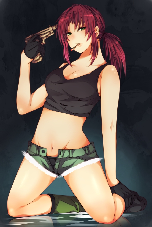 1girl, black_lagoon, breasts, cigarette, female_focus, full_body, gloves, gradient_background, green_eyes, gun, gun_to_head, kneeling, long_hair, looking_at_viewer, navel, pecotank, ponytail, red_hair, revy_(black_lagoon), shorts, solo, tank_top, weapon