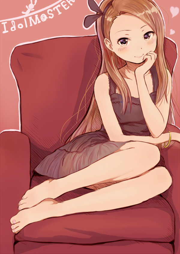 1girl, bad_id, bad_pixiv_id, barefoot, bracelet, brown_eyes, brown_hair, chair, couch, dress, feet, female_focus, hairband, idolmaster, idolmaster_(classic), jewelry, k@ito90p, legs, long_hair, minase_iori, red_upholstery, smile, solo