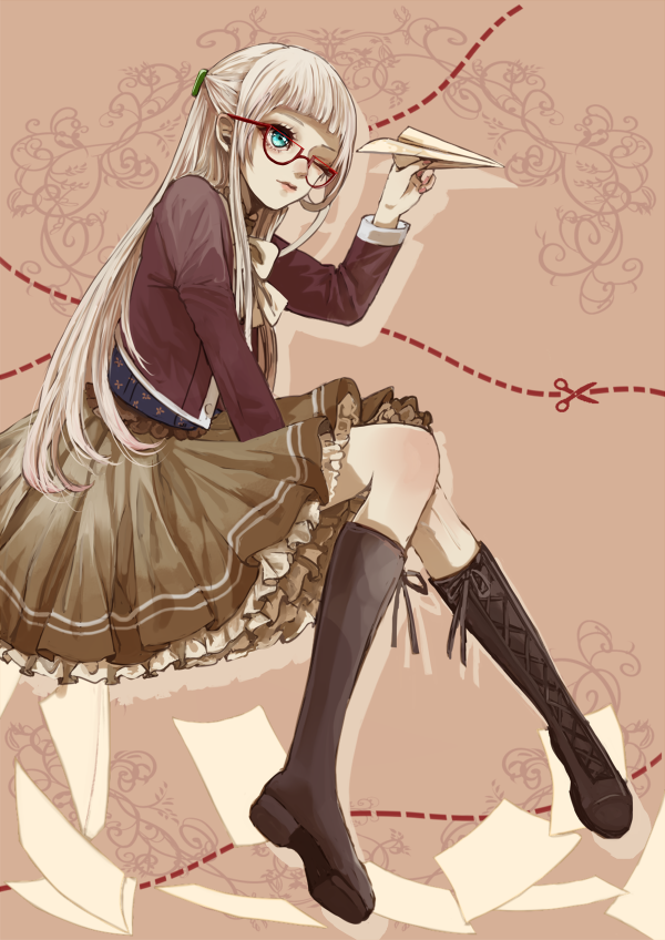 1girl, bad_id, bad_pixiv_id, blonde_hair, blue_eyes, boots, female_focus, glasses