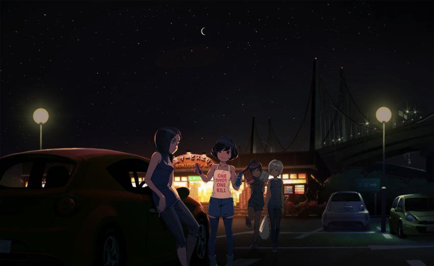 4girls, abarth, alfa_romeo, alfa_romeo_mito, bad_id, bad_pixiv_id, bag, black_eyes, black_hair, bridge, brown_hair, can, capri_pants, car, cigarette, clothes_writing, crescent_moon, denim, denim_skirt, english_text, fiat, fiat_500, food, highres, lamppost, long_hair, moon, motor_vehicle, motorcycle, multiple_girls, night, nissan, nissan_micra, original, pants, pantyhose, parking_lot, plastic_bag, ponytail, red_eyes, rias-coast, shoes, short_hair, shorts, sign, skirt, sky, sneakers, star_(sky), starry_sky, supermarket, thighhighs, zettai_ryouiki