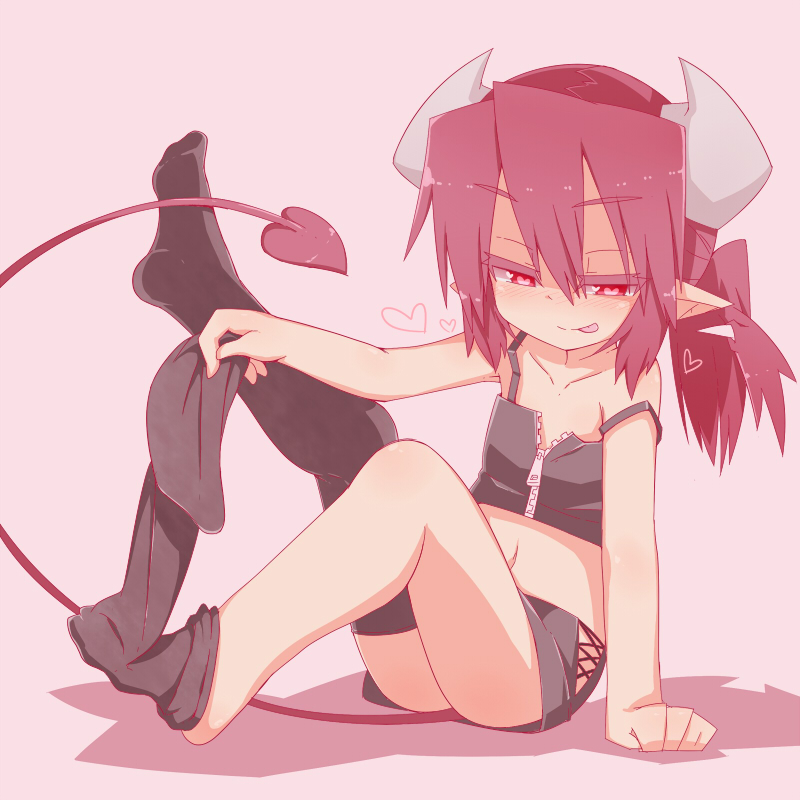 1girl, :p, ashi_karekusa, ass, bad_id, bad_pixiv_id, blush, demon_girl, demon_tail, feet, female_focus, flat_chest, heart, heart-shaped_pupils, horns, midriff, miniskirt, naughty_face, navel, no_shoes, original, pointy_ears, red_eyes, red_hair, skirt, sock_pull, socks, solo, strap_slip, symbol-shaped_pupils, tail, thighhighs, thighhighs_pull, thighs, tongue, tongue_out