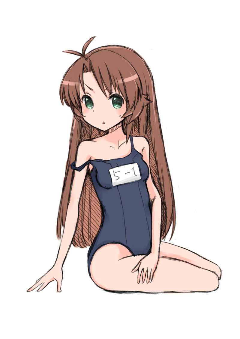 1girl, azu_(azusayumix), brown_hair, green_eyes, koshigaya_komari, long_hair, non_non_biyori, school_swimsuit