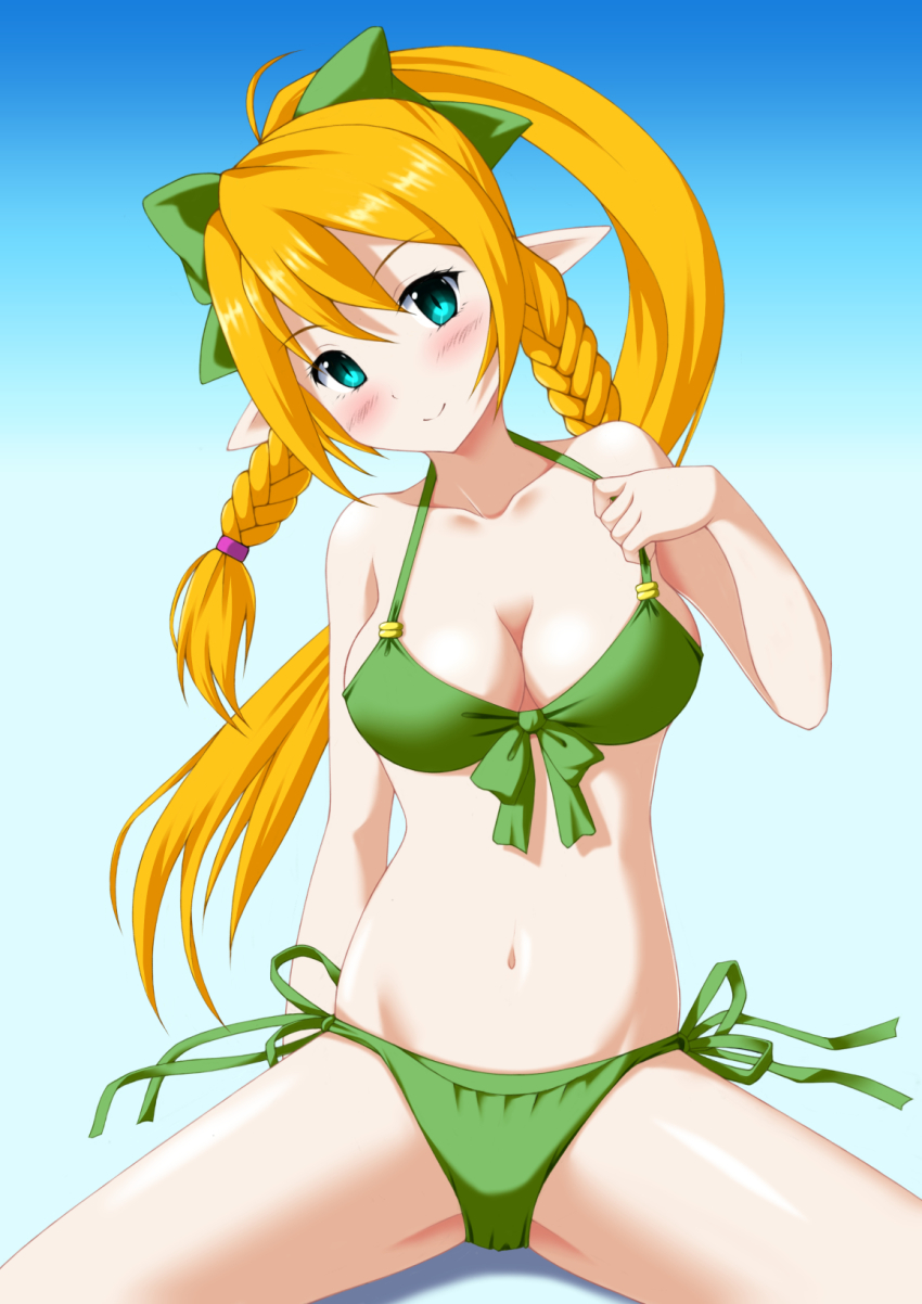 10s, 1girl, bikini, blonde_hair, blue_eyes, blush, braid, breasts