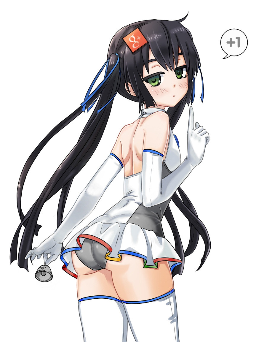 1girl, ass, back, bare_shoulders, bell, bingsang, black_hair, dress, elbow_gloves, female_focus, gloves, google, google+, google_plus, green_eyes, hair_ornament, hair_ribbon, long_hair, original, panties, personification, ribbon, solo, thighhighs, twintails, underwear, very_long_hair