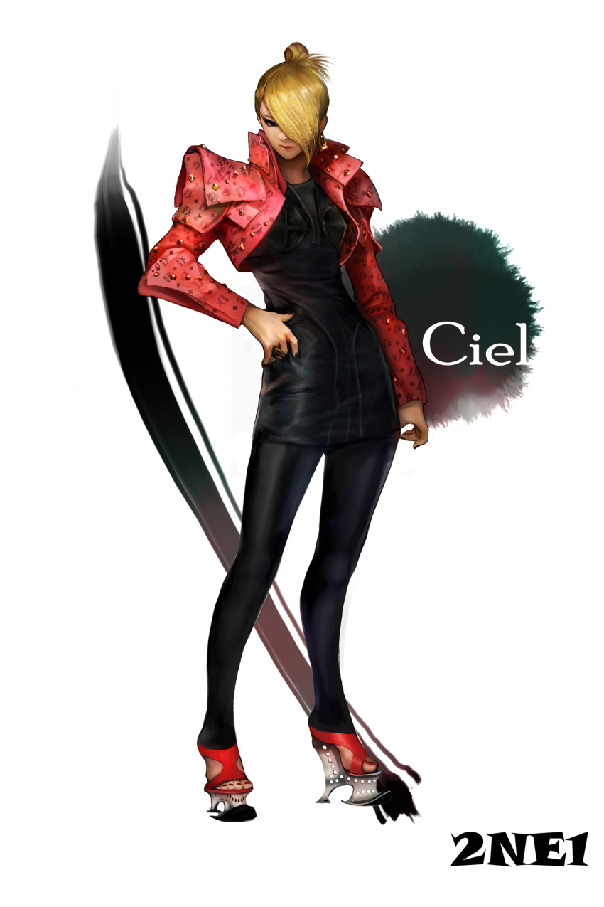 1girl, 2ne1, blonde_hair, character_name, cl_(2ne1), copyright_name, cropped_jacket, earrings, female_focus, gd_choco, hair_over_one_eye, high_heels, highres, jacket, jewelry, k-pop, looking_at_viewer, musician, nail_polish, open_shoes, paint, platform_footwear, platform_heels, platform_shoes, ranguage, realistic, ring, shoes, short_hair, simple_background, solo, standing, straight_hair, studded_jacket, studs, text_focus, toenail_polish, toenails