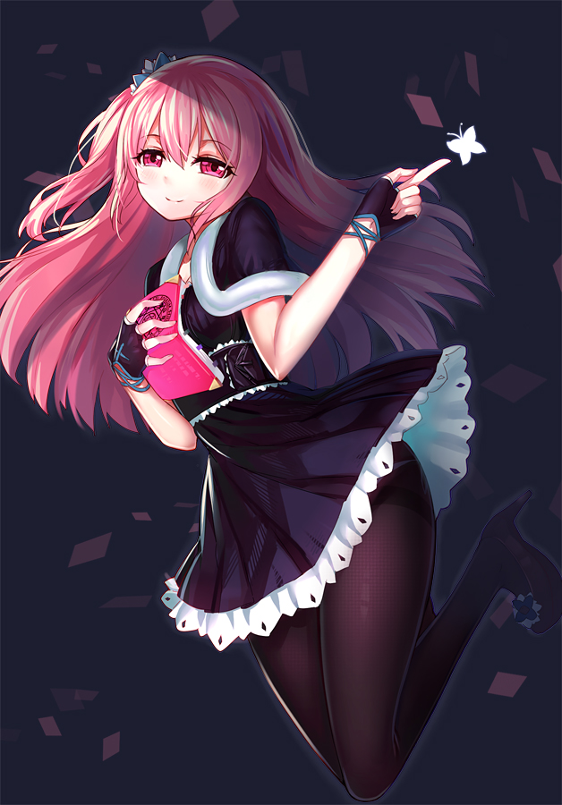 1girl, black_pantyhose, book, emily_(ririko), emily_(zhuoyandesailaer), female_focus, fingerless_gloves, gloves