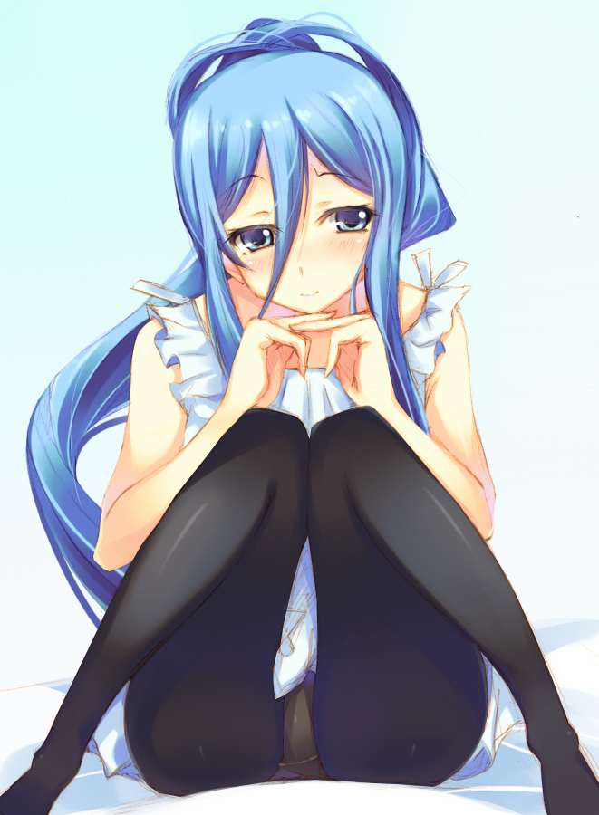 10s, 1girl, aoki_hagane_no_arpeggio, blue_eyes, blue_hair, female_focus, hair_between_eyes, legs, long_hair, matching_hair/eyes, panties, panties_under_pantyhose, pantyhose, smile, solo, takao_(aoki_hagane_no_arpeggio), underwear, very_long_hair, wara@