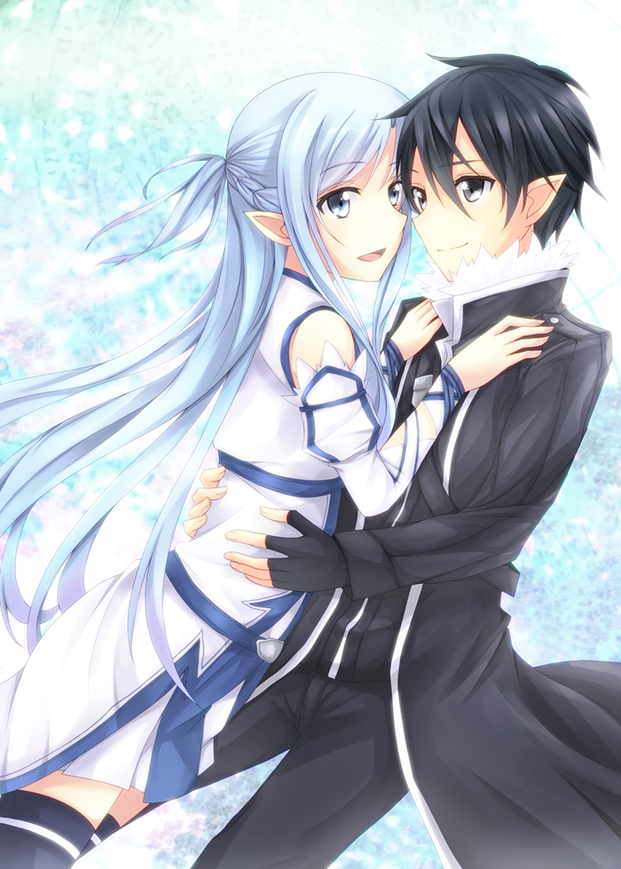 10s, 1boy, 1girl, asuna_(sao), asuna_(sao-alo), black_eyes, black_hair, blue_eyes