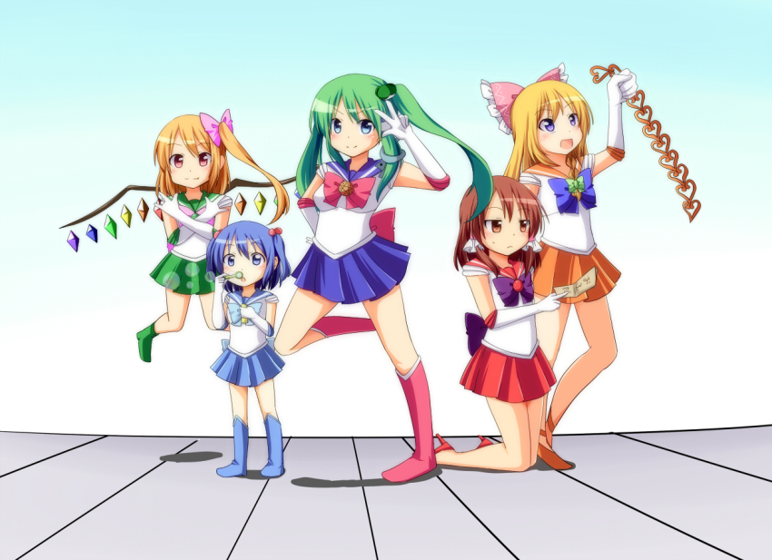 5girls, alternate_hairstyle, bishoujo_senshi_sailor_moon, blonde_hair, blue_eyes, blue_footwear, blue_hair, blue_sailor_collar