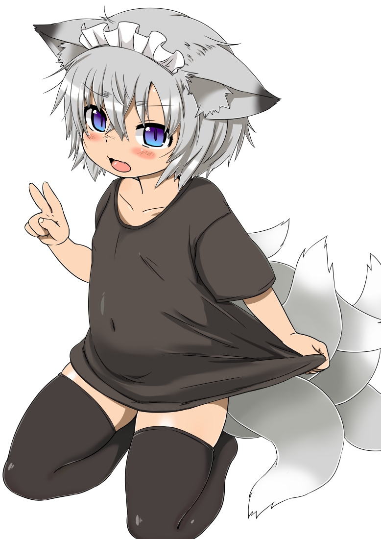 aizawa_shin, animal_ears, blue_eyes, blush, fang, fox_ears, fox_tail, maid_headdress, multiple_tails, original, shippo_ga_ooi-san, shirt, shirt_tug, silver_hair, sitting, smile, solo, tail, thighhighs, v, zettai_ryouiki