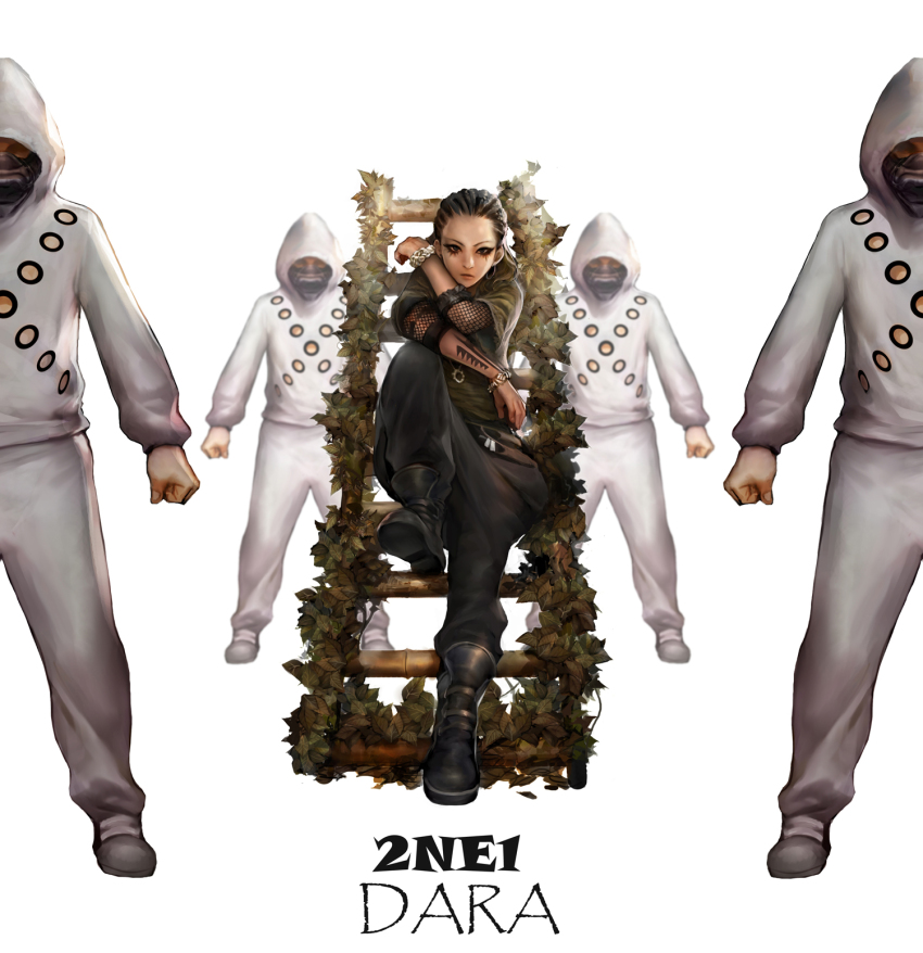 1girl, 2ne1, 4boys, baggy_pants, bamboo, bigbang, boots, bracelet, brown_hair, character_name, copyright_name, daesung, dara_(2ne1), earrings, fishnet_top, fishnets, g-dragon, gd_choco, half_mask, highres, hood, hoodie, jewelry, k-pop, ladder, leaf, long_hair, looking_at_viewer, makeup, mask, multiple_boys, musician, necklace, pants, realistic, seungri_(bigbang), simple_background, sitting, solo_focus, standing, straight_hair, taeyang, tattoo