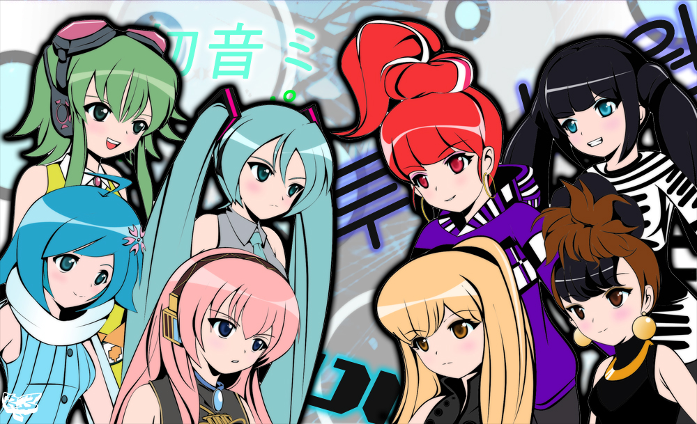 2ne1, 6+girls, ahoge, aqua_eyes, aqua_hair, black_hair, blonde_hair, blue_eyes