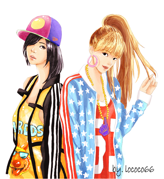 2girls, 2ne1, artist_request, baseball_cap, cl_(2ne1), earrings, female_focus, hair_over_one_eye