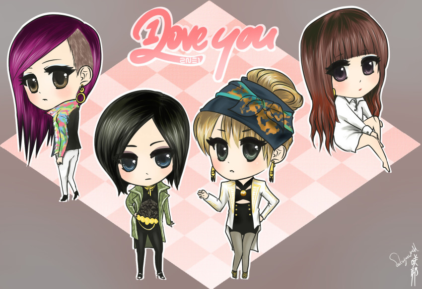 2ne1, 4girls, artist_request, asymmetrical_hair, belt, bom_(2ne1), chibi, cl_(2ne1)