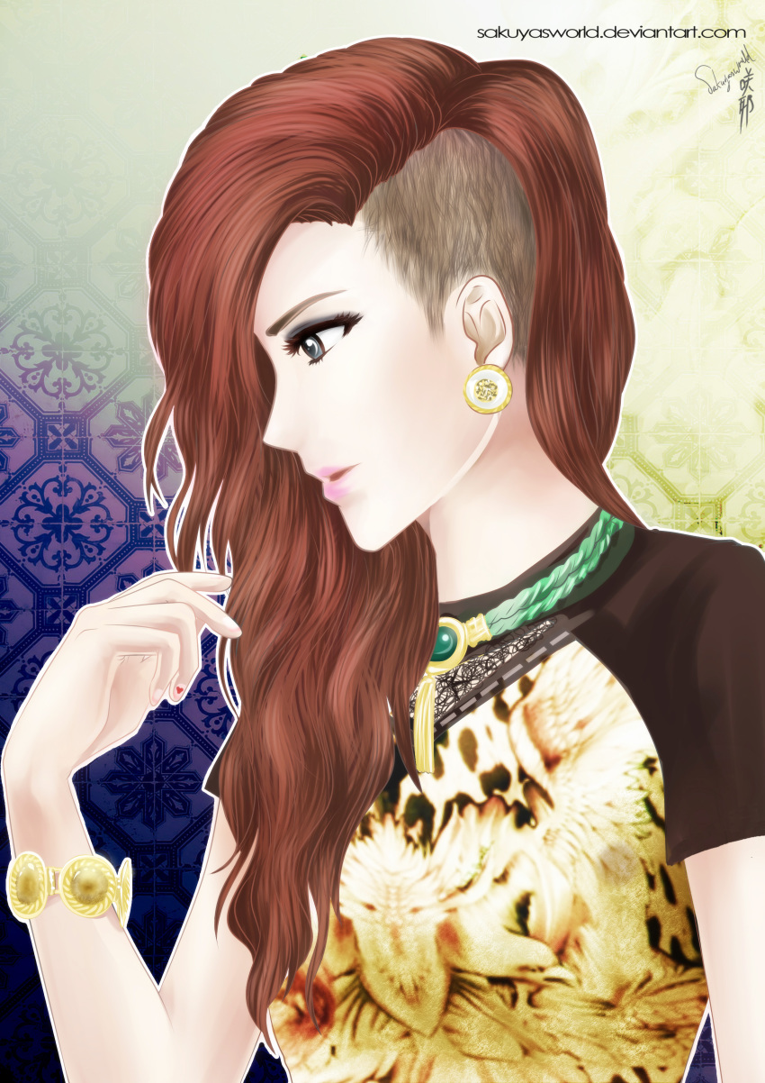 1girl, 2ne1, absurdres, artist_request, asymmetrical_hair, bracelet, dara_(2ne1), earrings