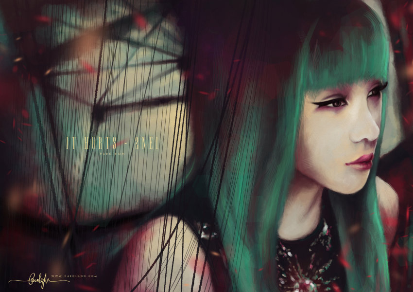 1girl, 2ne1, aqua_hair, artist_name, bom_(2ne1), carol_goh, copyright_name, female_focus