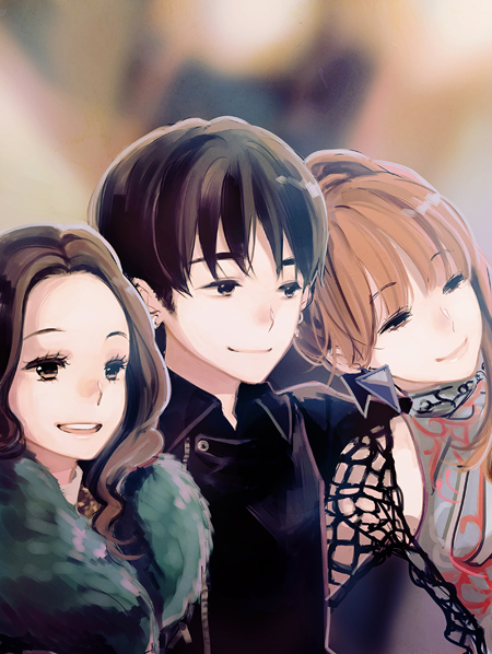 1boy, 2girls, 2ne1, artist_request, bigbang, bom_(2ne1), brown_eyes, dara_(2ne1), earrings, fur_trim, jacket, jewelry, k-pop, multiple_girls, musician, seungri_(bigbang), smile