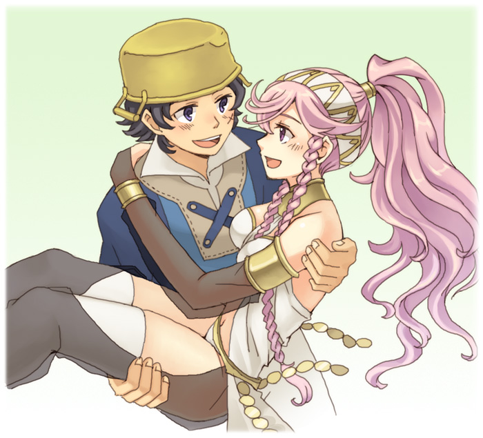 1boy, 1girl, blush, braid, carrying, donnel_(fire_emblem), fire_emblem, fire_emblem_awakening, futatsuki_(perfect_lovers), hairband, hisato, jewelry, long_hair, lots_of_jewelry, nintendo, olivia_(fire_emblem), pink_hair, ponytail, princess_carry, short_hair, thighhighs