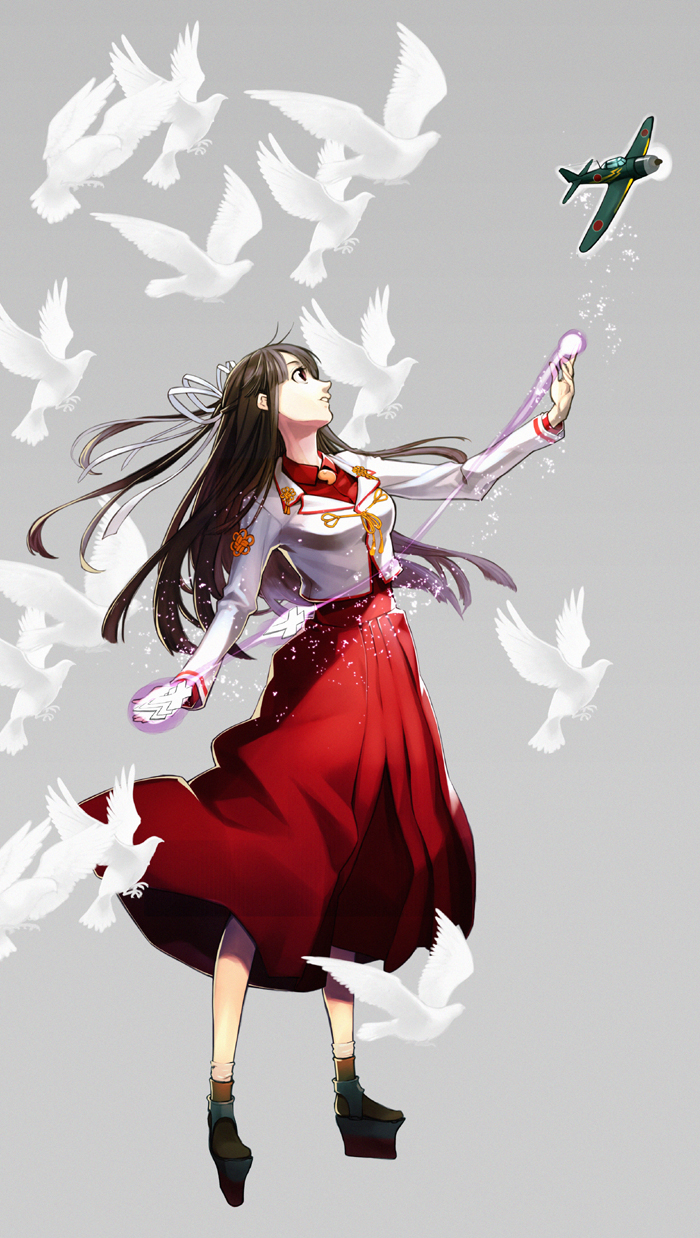 10s, 1girl, aircraft, airplane, bird, black_hair, blunt_bangs, dove