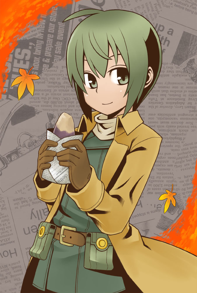 00s, 1girl, belt, coat, female_focus, food, green_eyes, green_hair