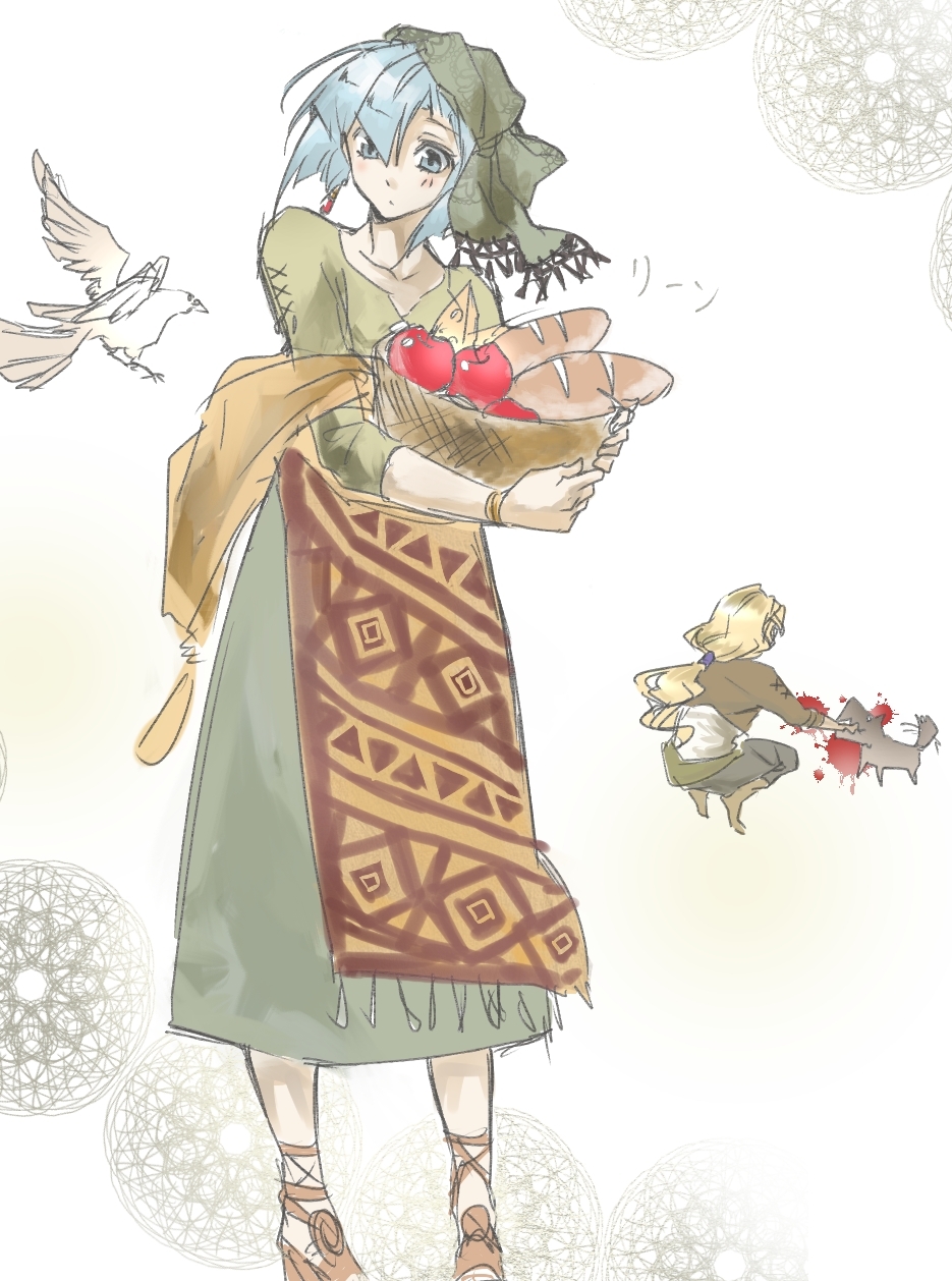 1boy, 1girl, aged_up, apple, apron, bad_id, bad_pixiv_id, basket