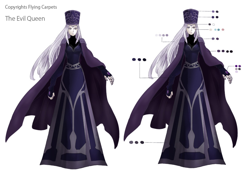 1girl, cape, character_name, reference_sheet, dress, english_text, female_focus, hat, long_hair, monaka_(siromona), simple_background, solo, standing, the_evil_queen_(gnr), the_girl_and_the_robot, white_background