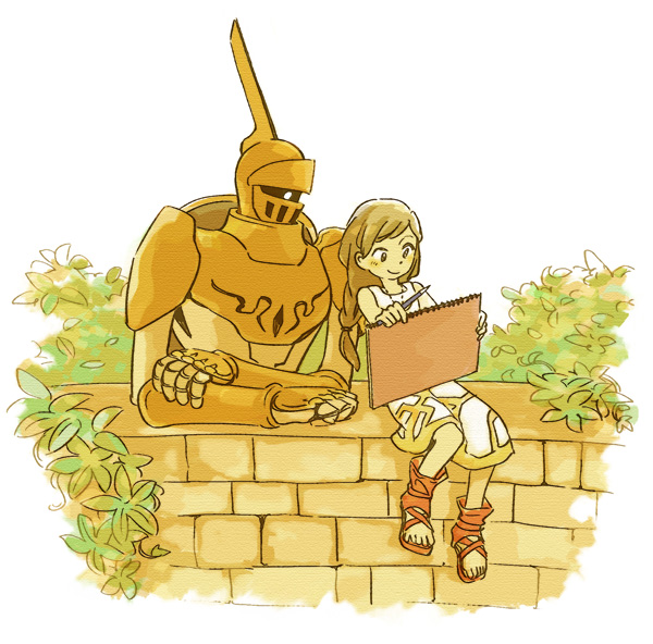 1girl, armor, dress, helmet, jewelry, long_hair, monaka_(siromona), necklace, pencil, robot, sitting, sketchbook, smile, the_girl_(gnr), the_girl_and_the_robot, the_robot_(gnr), wall