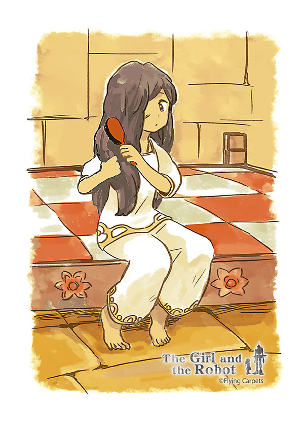 1girl, barefoot, bed, brown_eyes, brown_hair, brushing_hair, brushing_own_hair, copyright_name