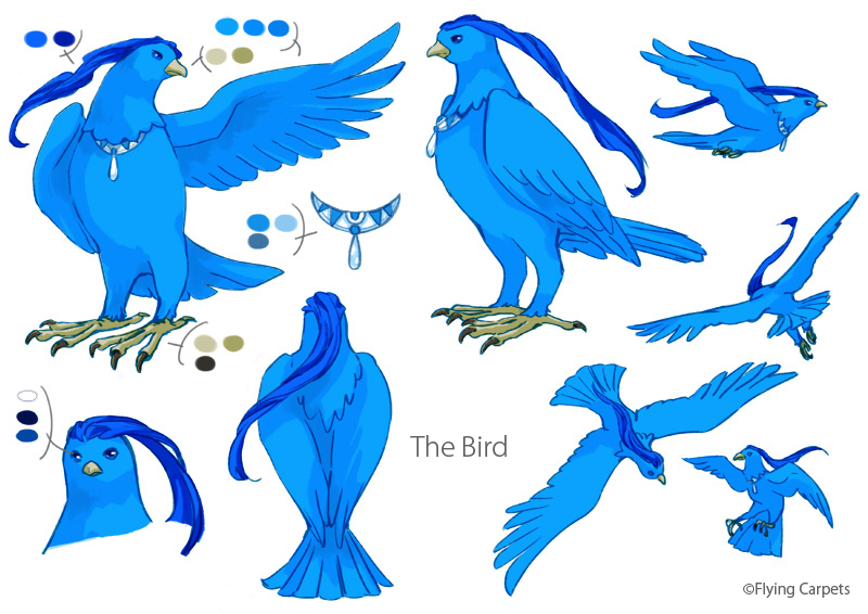 animal_focus, bird, blue_eyes, character_name, reference_sheet, english_text, flying, from_behind