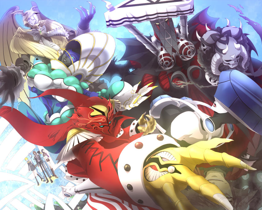 2girls, 3boys, 909s, amano_maya, apollo_(persona_2), artemis_(persona_2), claws, crosswalk