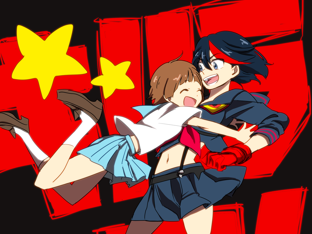 10s, 2girls, bad_id, bad_pixiv_id, blue_eyes, closed_eyes, glomp, gloves, hug, iwashi_(msr_rgb), kill_la_kill, mankanshoku_mako, matoi_ryuuko, midriff, multicolored_hair, multiple_girls, navel, school_uniform, senketsu, serafuku, short_hair, skirt, smile, star_(symbol), streaked_hair, suspenders