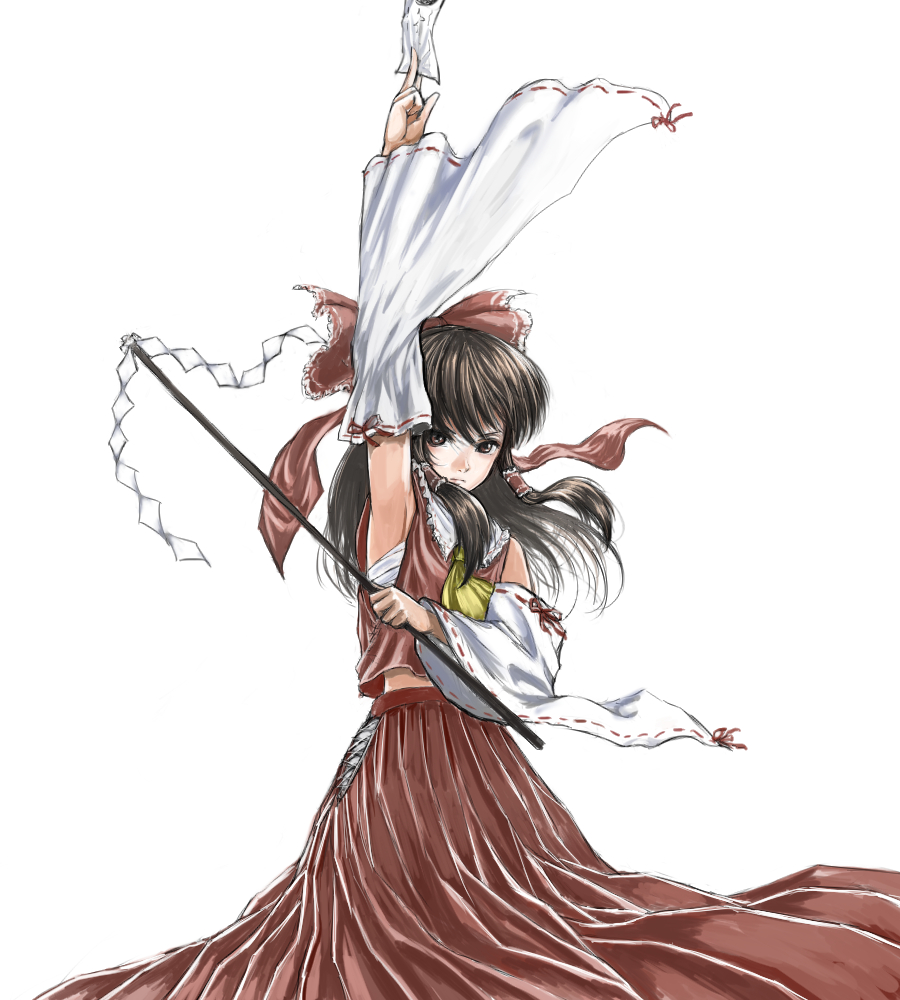 1girl, arm_up, armpits, ascot, between_fingers, bow, brown_eyes, brown_hair