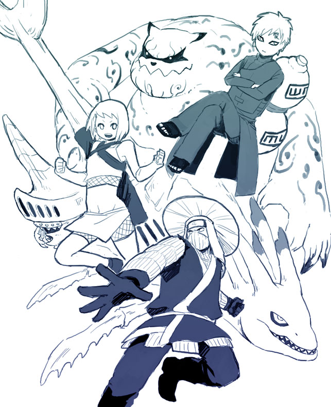 1girl, 2boys, choumei_(naruto), fuu_(naruto), gaara_(naruto), han_(naruto), kibako21, kokuou_(naruto), multiple_boys, naruto_(series), naruto_shippuuden, shukaku_(naruto), tagme