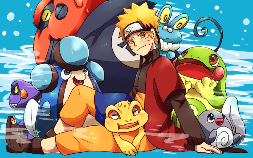 1boy, blonde_hair, creature, croagunk, crossover, froakie, frog, gamakichi, gamatatsu, gen_1_pokemon, gen_2_pokemon, gen_4_pokemon, gen_5_pokemon, gen_6_pokemon, giant_toad, naruto_(series), naruto_shippuuden, nintendo, o96ap, palpitoad, pokemon, pokemon_(creature), politoed, poliwag, short_hair, toad_(animal), trait_connection, uzumaki_naruto, uzumaki_naruto_(sennin_mode), yellow_eyes
