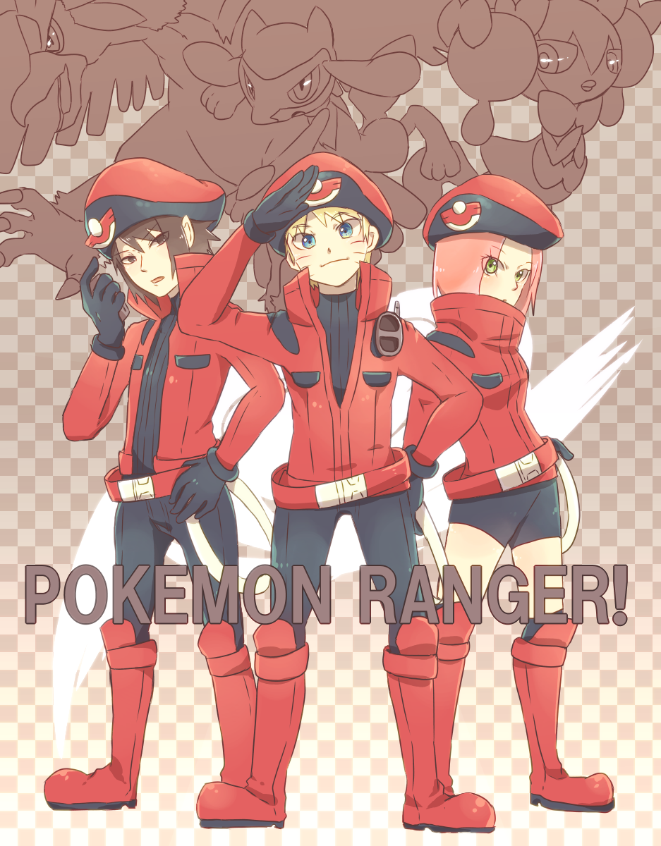 10s, 1girl, 2boys, belt, beret, boots, cosplay, crossover, fearow, gen_1_pokemon, haruno_sakura, hat, highres, jacket, legs, multiple_boys, naruto_(classic), naruto_(series), nintendo, npc_trainer, o96ap, pkmn_ranger_(cosplay), pokemon, pokemon_ranger_(pokemon), pokemon_x_and_y, salute, shorts, smile, uchiha_sasuke, uzumaki_naruto, wargle
