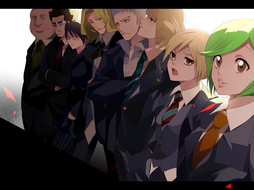 3girls, 5boys, 7wata_himori, aikawa_love, black_hair, bleach, blonde_hair, brown_eyes, brown_hair, facial_hair, fang, formal_clothes, freckles, glasses, green_hair, grey_hair, grin, group_picture, group_profile, highres, hirako_shinji, kuna_mashiro, lineup, long_hair, looking_at_viewer, muguruma_kensei, multiple_boys, multiple_girls, mustache, necktie, ootoribashi_roujuurou, open_mouth, pink_hair, profile, sarugaki_hiyori, short_hair, smile, standing, suit, sunglasses, ushoda_hachigen, ushouda_hachigen, yadoumaru_lisa