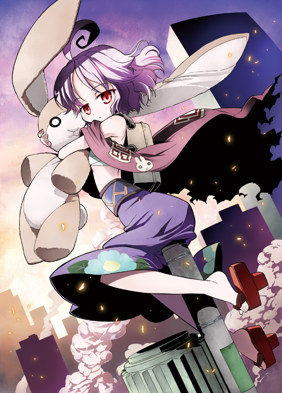 1girl, ahoge, blush, dutch_angle, female_focus, geta, hugging_doll, hugging_object, nekogami_yaoyorozu, purple_hair, rabbit, red_eyes, sandals, shamo_(nekogami_yaoyorozu), short_hair, sitting, skirt, smoke, solo, stuffed_animal, stuffed_rabbit, stuffed_toy, takahata_yuki, tengu-geta, utility_pole