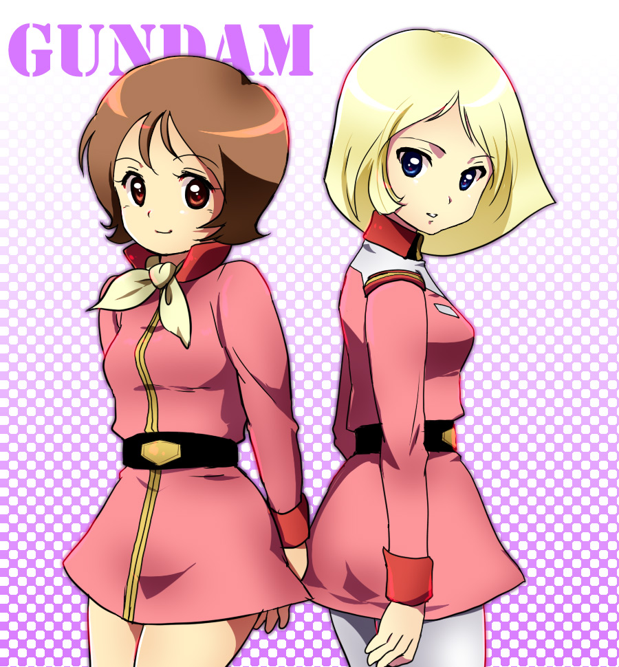 2girls, blonde_hair, brown_hair, fraw_bow, gundam, mobile_suit_gundam, multiple_girls, pantyhose